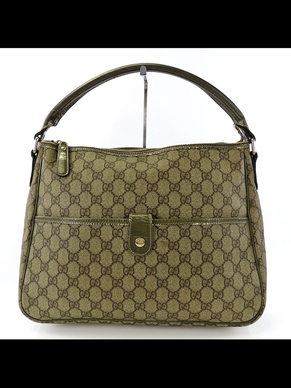 Gucci Olive Monogram Canvas Shoulder Bag with Top Handle